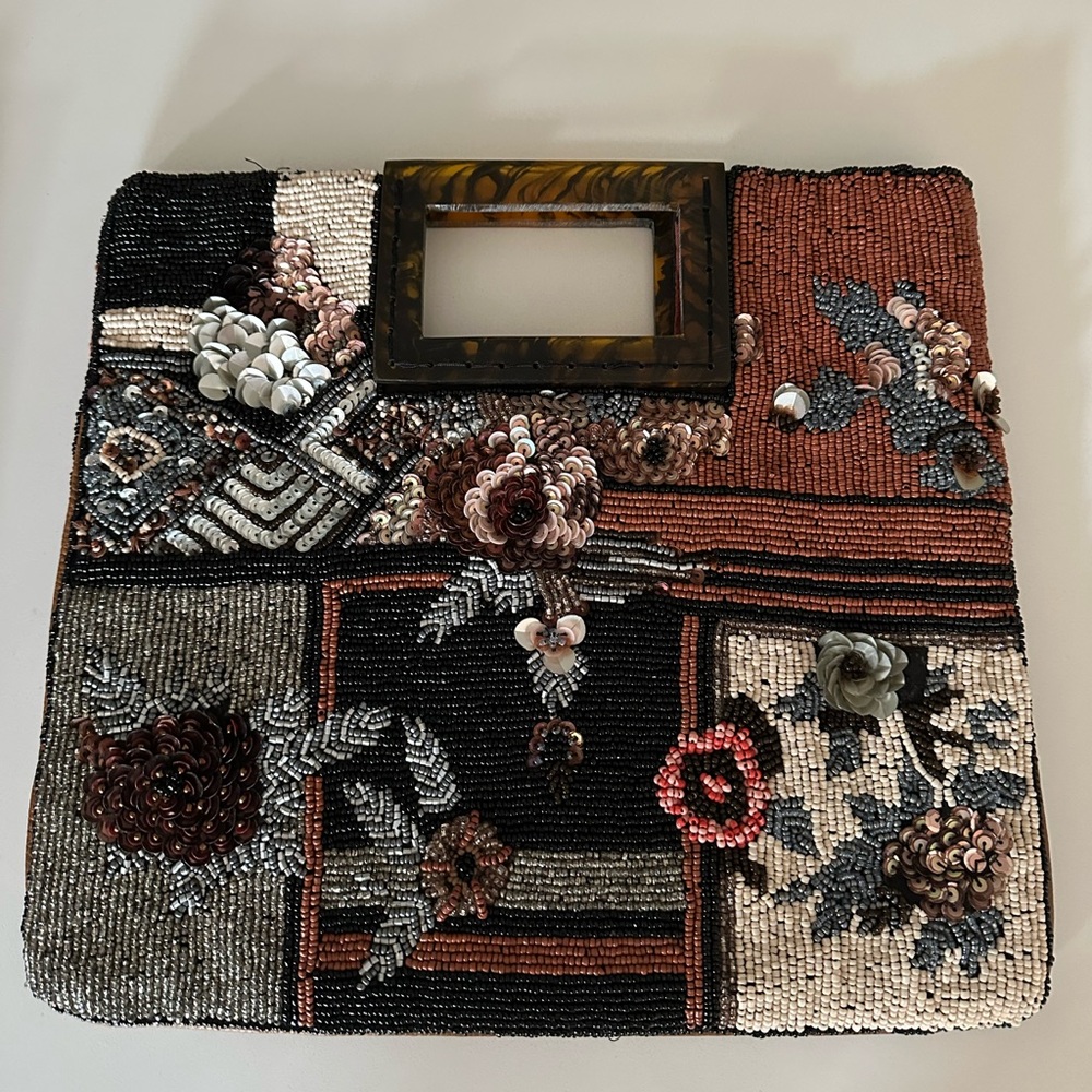 Beaded Floral Clutch with Tortoise Shell Accent